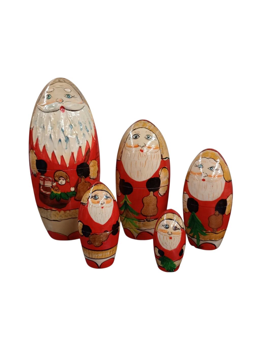 Vintage Russian Handmade Santa Claus Christmas Wooden Nesting Dolls 5 Dolls